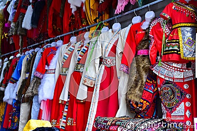 Traditional ethnic costumes are a local handicraft in Kad Kad village in Sapa city, northern Vietnam. Editorial Stock Photo