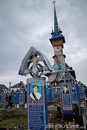 Sapanta, Maramures, May the 1st, Traditional grave in the Merry Cemetery in Maramures Editorial Stock Photo