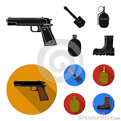 Sapper blade, hand grenade, army flask, soldier boot. Military and army set collection icons in black, flat style vector Vector Illustration