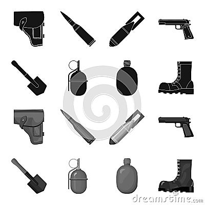 Sapper blade, hand grenade, army flask, soldier boot. Military and army set collection icons in black,monochrome style Vector Illustration
