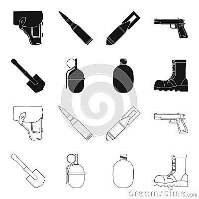 Sapper blade, hand grenade, army flask, soldier`s boot. Military and army set collection icons in black,outline style Vector Illustration
