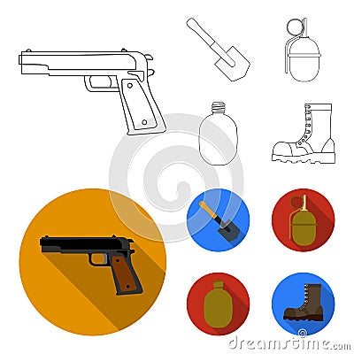 Sapper blade, hand grenade, army flask, soldier`s boot. Military and army set collection icons in outline,flat style Vector Illustration