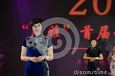 sapphire blue-Female cheongsam show Editorial Stock Photo