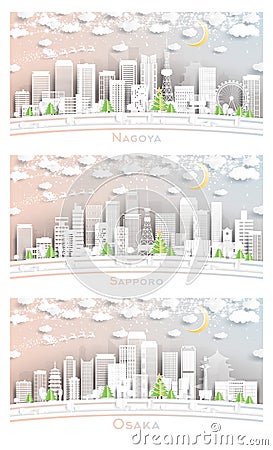 Sapporo, Osaka and Nagoya Japan City Skyline Set Stock Photo