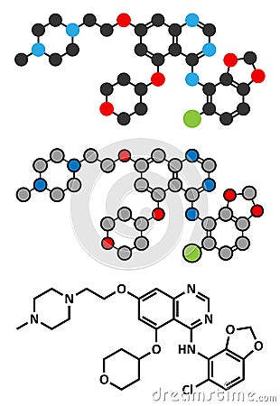 Saracatinib drug molecule. Dual kinase inhibitor, inhibiting both Src and Bcr-Abl tyrosine kinases Vector Illustration