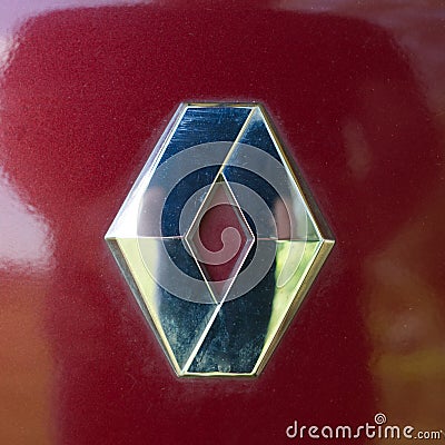 SARAI, RUSSIA-August 20, 2021: Silver Renault closeup badge. On a red background Editorial Stock Photo