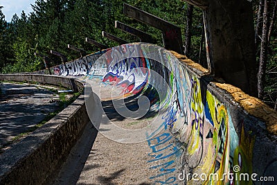 SARAJEVO, BOSNIA AND HERCEGOVINA - AUGUST 28, 2019: Abandoned Olympic Bobsleigh and Luge Track, built for the Olympic Winter Games Editorial Stock Photo