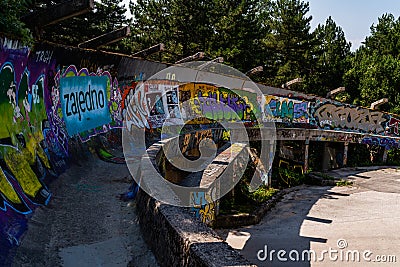 SARAJEVO, BOSNIA AND HERCEGOVINA - AUGUST 28, 2019: Abandoned Olympic Bobsleigh and Luge Track, built for the Olympic Winter Games Editorial Stock Photo