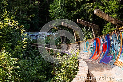 SARAJEVO, BOSNIA AND HERCEGOVINA - AUGUST 28, 2019: Abandoned Olympic Bobsleigh and Luge Track, built for the Olympic Winter Games Editorial Stock Photo