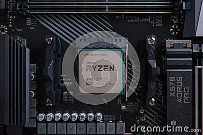 AMD Ryzen 9 5900x processor in AM4 Aourus x570 Pro motherboard socket Editorial Stock Photo