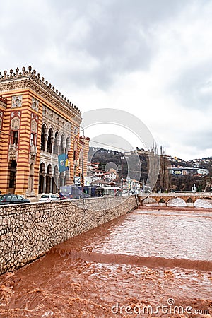 The town hall building of Sarajevo, also the University Library located by the Miljacka River in Sarajevo, Bosnia and Herzegovina Editorial Stock Photo