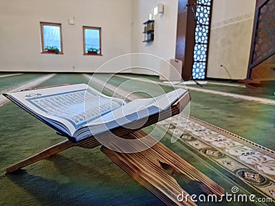 Sarajevo, Bosnia and Herzegovina, november 21th 2022. Quran in the mosque - open for prayers Editorial Stock Photo