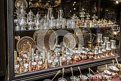 Sarajevo, Bosnia - May 2, 2022 - Copper, silver and brass tableware for sale in shop Editorial Stock Photo