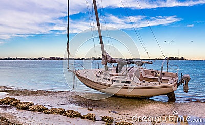 Sarasota, FL Jan 20 - Beached sailboat after a rare tornado hit Sarasota late January, 2016 Editorial Stock Photo