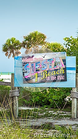 SARASOTA, USA - SEPTEMBER 04: Siesta Beach entry sign on September 03, 2014 In Sarasota, USA. Editorial Stock Photo