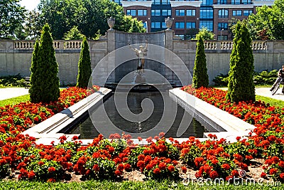 A wide view of the graceful bronze statue of a winged woman, The Spirit of Life. Editorial Stock Photo