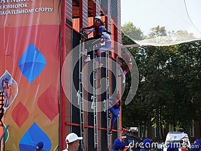SARATOV, RUSSIA - SEPTEMBER 11, 2019: The competition at the XV world championship in fire and rescue sport. Editorial Stock Photo
