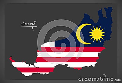 Sarawak Malaysia map with Malaysian national flag illustration Vector Illustration