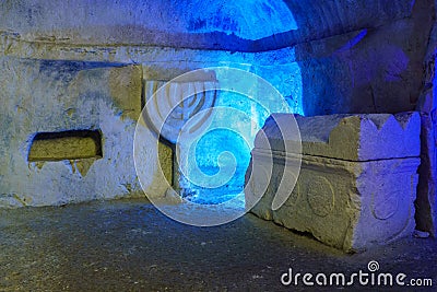 Sarcophagus and a carved Menorah, in Bet Shearim National Park Stock Photo