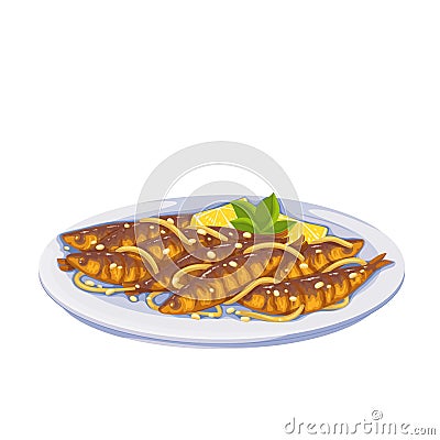 Sarde in saor, Italian food, isolated glass plate with dish, fried marinated sardines Vector Illustration