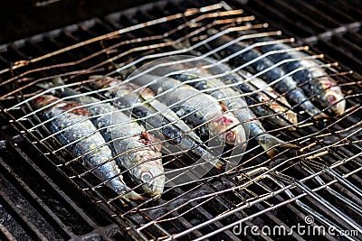 Sardines in a fish grilling being cooked in a bbq. Stock Photo