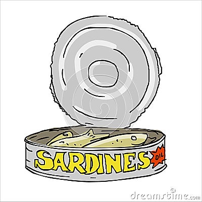sardines in a round jar and packaged fish paste. Vector seafood, protein cooked foods. Vector Illustration