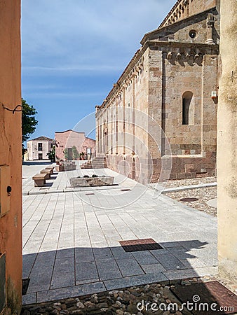 Sardinia. Tratalias. Glimpse of Tratalias Vecchia with the medieval Cathedral of Santa Maria di Monserrato, 13th century AD Stock Photo