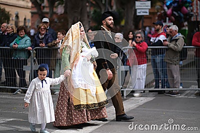 Sardinian family at Saint Efisio Feast festival in Cagliari, Sardinia, Italy Editorial Stock Photo