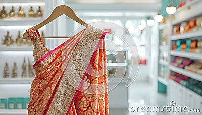 Saree Indian dress in white luxury boutique background. Indian attire in fashion store. Festive outfit. Beautiful Bollywood Stock Photo
