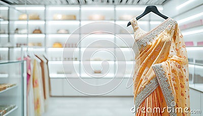 Saree Indian dress in white luxury boutique background. Indian attire in fashion store. Festive outfit. Beautiful Bollywood Stock Photo