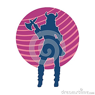 Silhouette of a woman viking fighter character in action pose with armor suit and axe weapon. Vector Illustration