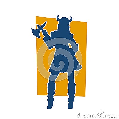 Silhouette of a woman viking fighter character in action pose with armor suit and axe weapon. Vector Illustration