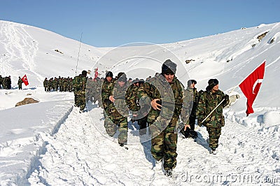 Turkish soldiers walking at Sarikamis Allahuekber Mountains Editorial Stock Photo