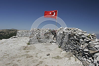 Sarikiz holy place with Turkish flag in mount ida,Edremit,Turkey Stock Photo