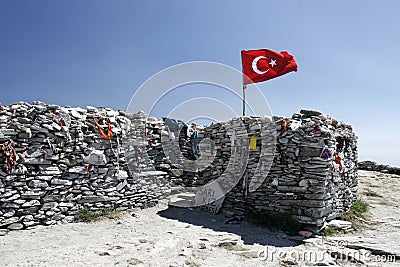 Sarikiz holy place with Turkish flag in mount ida,Edremit,Turkey Stock Photo