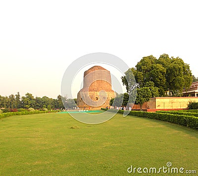 Sarnath, Uttar Pradesh, India - November 1, 2009 Scenic view of Dhamek Stupa ancient Buddhist monastery Editorial Stock Photo