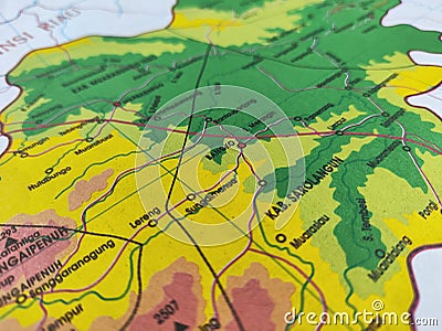 Sarolangun Regency map and major cities around it on physical map Stock Photo