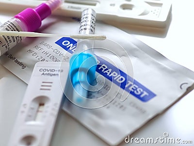 Group of Corona or Covid-19 rapid tests for home testing Stock Photo