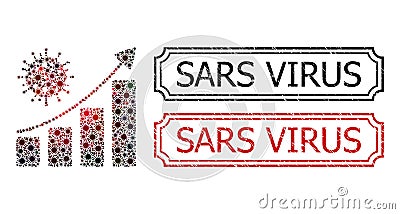 Sars Virus Grunge Seal Stamps with Notches and Coronavirus Growing Trend Mosaic of Covid Icons Stock Photo
