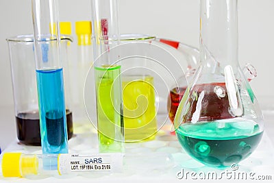 Sars viruses blood test tube and chemical elements, laboratory diagnoses, studio shoot on the white background Stock Photo