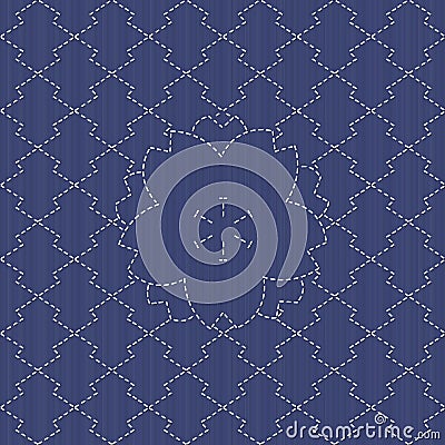 Sashiko motif - blooming cherry flowers and waves. Seamless pattern. Vector Illustration