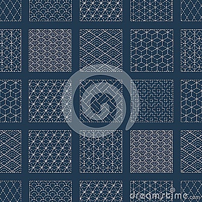 Sashiko seamless indigo dye pattern with traditional white Japanese embroidery Vector Illustration