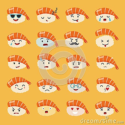 Sashimi emoji vector set. Emoji sushi with faces icons Vector Illustration