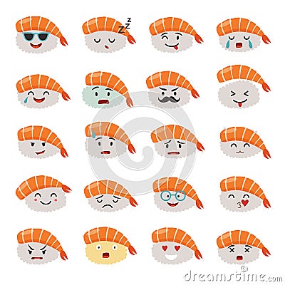 Sashimi emoji vector set. Emoji sushi with faces icons Vector Illustration