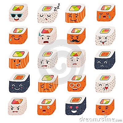 Sashimi emoji vector set. Emoji sushi with faces icons Vector Illustration