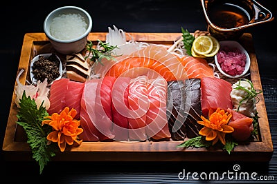 Sashimi set Japanese food style on bamboo tray on wooden background Stock Photo