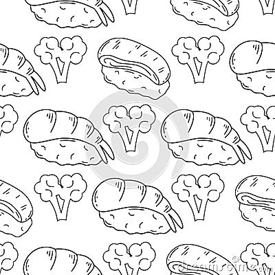 Sashimi with shrimp tuna and salmon seamless pattern Cartoon Illustration