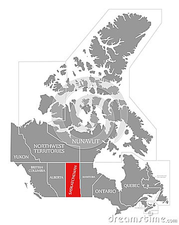 Saskatchewan red highlighted in map of Canada Cartoon Illustration