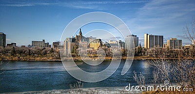 Saskatoon Saskatchewan Canada river winter sky hotel blue buildings landscape Stock Photo