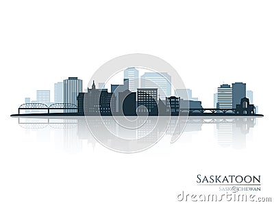 Saskatoon skyline silhouette with reflection. Vector Illustration